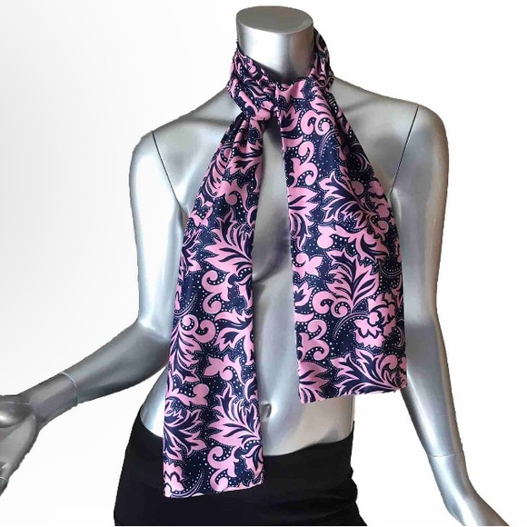 Accessories - Navy Blue Pink Polka Dot Leaf Pattern Scarf Soft And Stretchy 8.5”x 55”